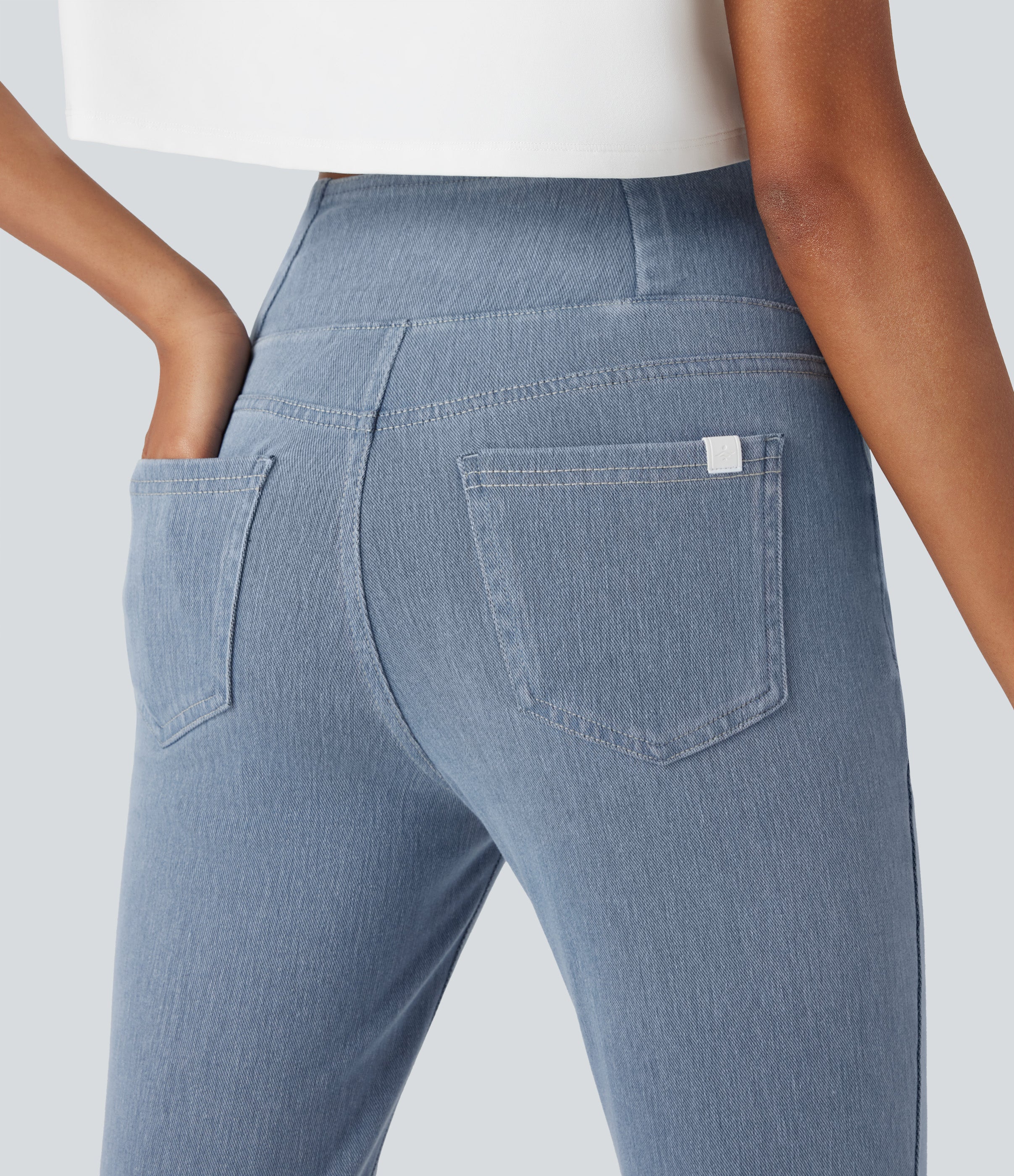 FlexTM Crossover High Waisted Denim Casual Capri Leggings with Pockets