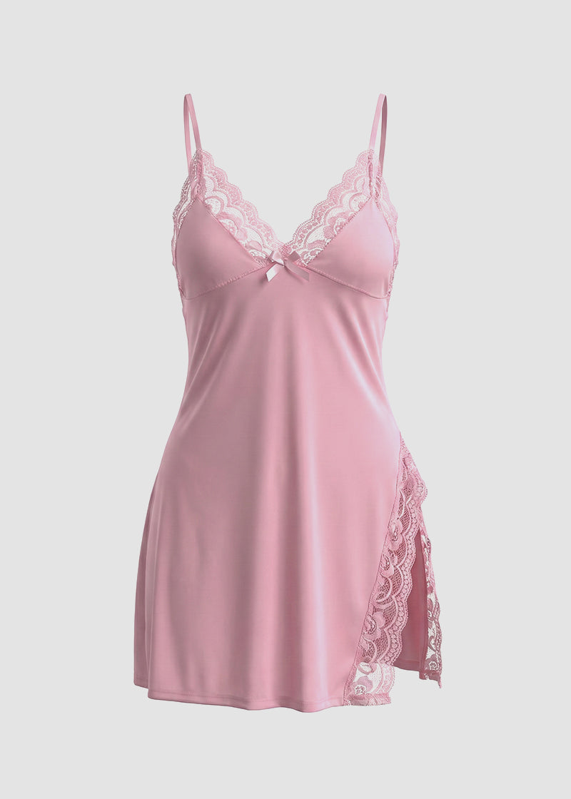 Sexy Milk Silk Lace Babydoll Nightdress with Side Slit