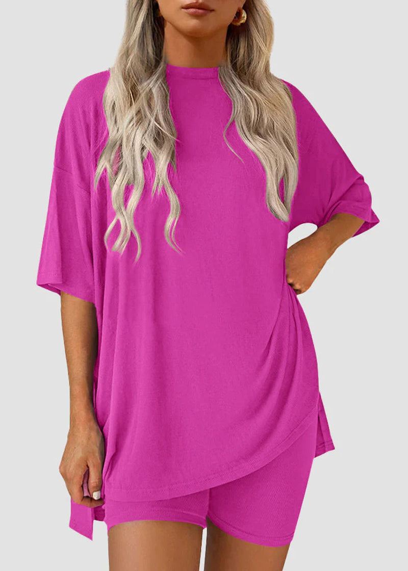 Casual Oversized 2-Piece Lounge Set with Crewneck & Split Hem