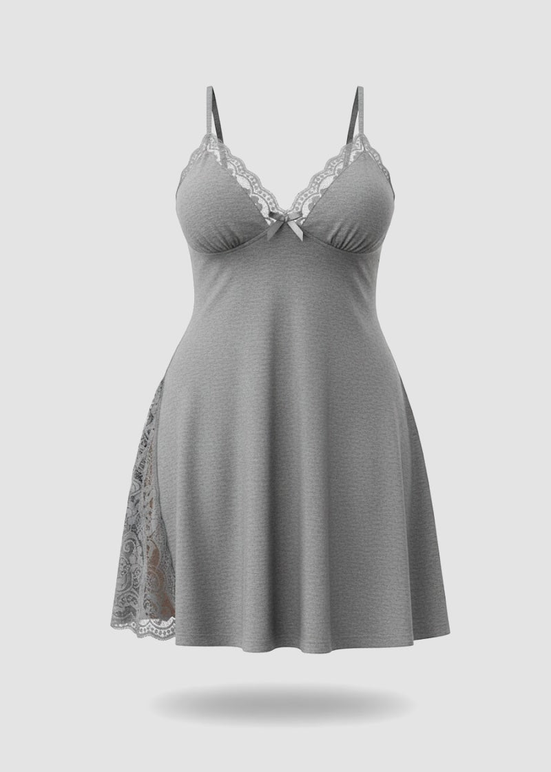 Plus Size Lace-Trim Cotton Nightdress with Side Slit & Adjustable Straps