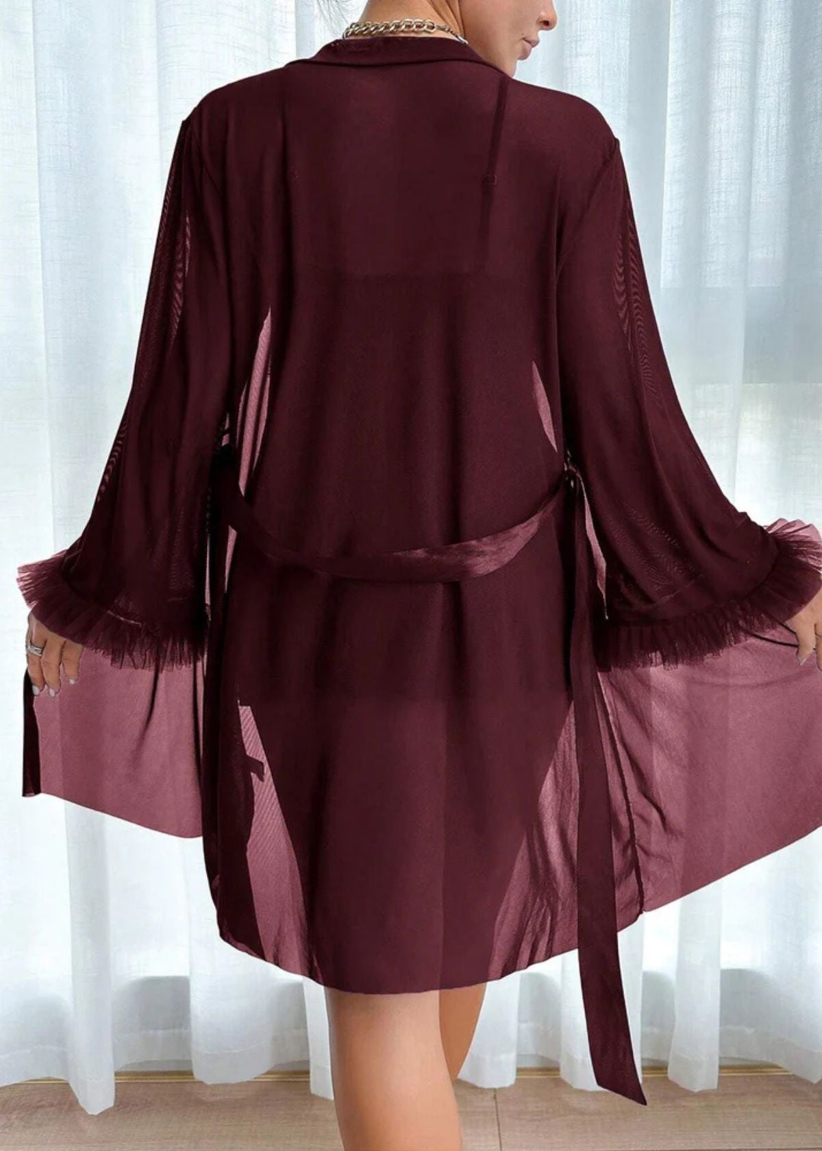 Lace Cami Nightgown & Floral Lace Trim Wide Sleeve Sheer Robe
