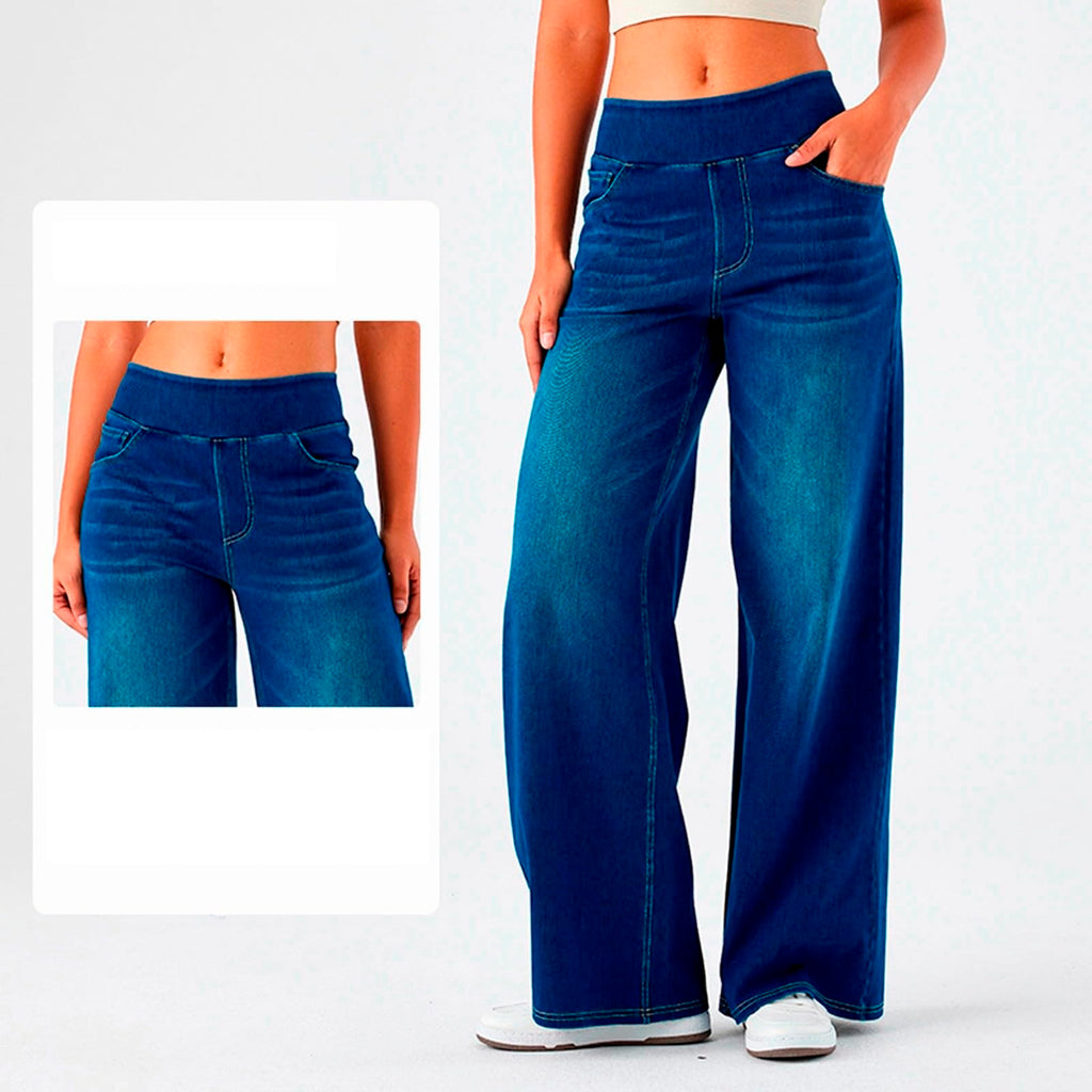 2026🔥 FlexTM High Waisted Multiple Pockets Baggy Wide Leg Washed Stretchy Knit Casual Jeans
