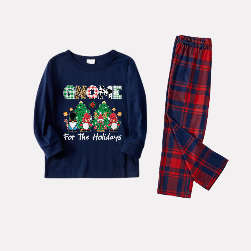 Christmas Family Matching Pajamas-Navy & Red Plaid Pjs Set with "Gnome For The Holidays" Slogan Print