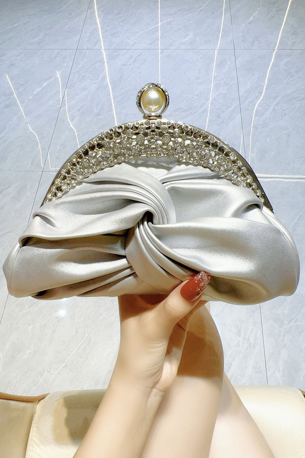 Rhinestone Embellished Ruched PU Leather Evening Clutch Bag