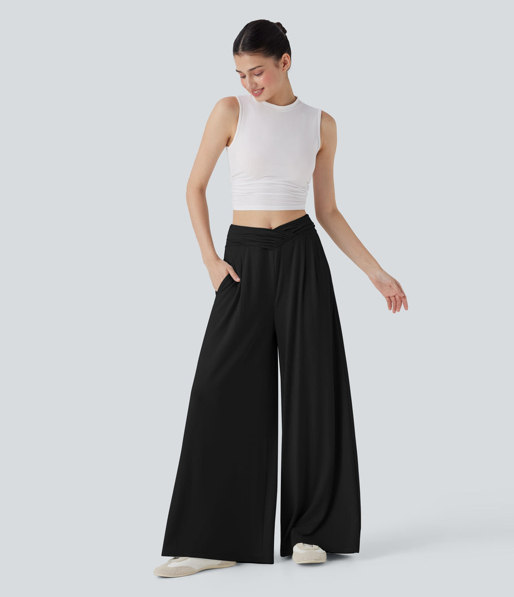 Mid Rise Crossover Ruched Wide Leg Casual Pants with Pockets