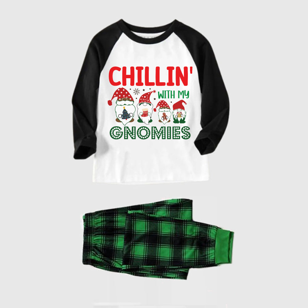 Black Raglan Top Green Plaid Christmas Pajamas Set With Gnomies and Holiday Lettering