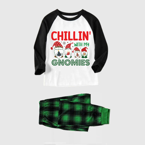 Black Raglan Top Green Plaid Christmas Pajamas Set With Gnomies and Holiday Lettering