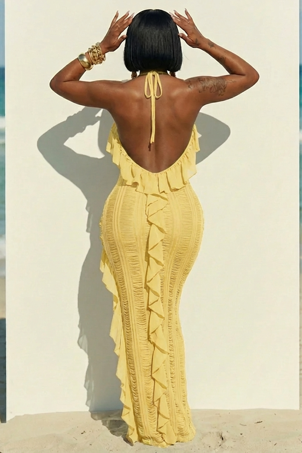 Halter Backless Ruffle Trim Slit Slim Fit Maxi Dresses-Green