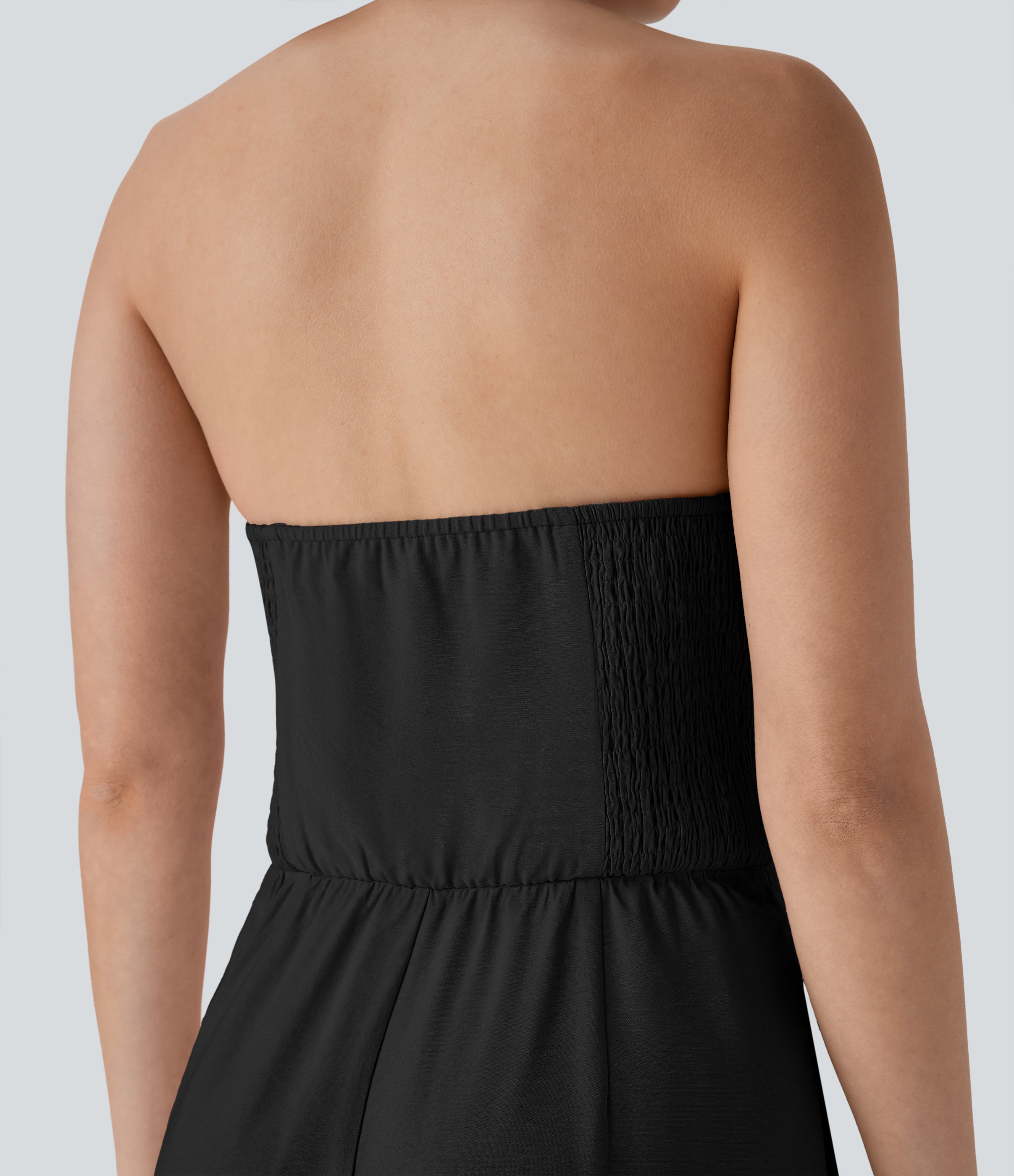 Halter Shirred Wide Leg Work Jumpsuit with Pockets
