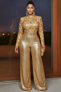 Mock Neck Semi-Sheer Mesh Sparkle High Waist Party Jumpsuit-Gold