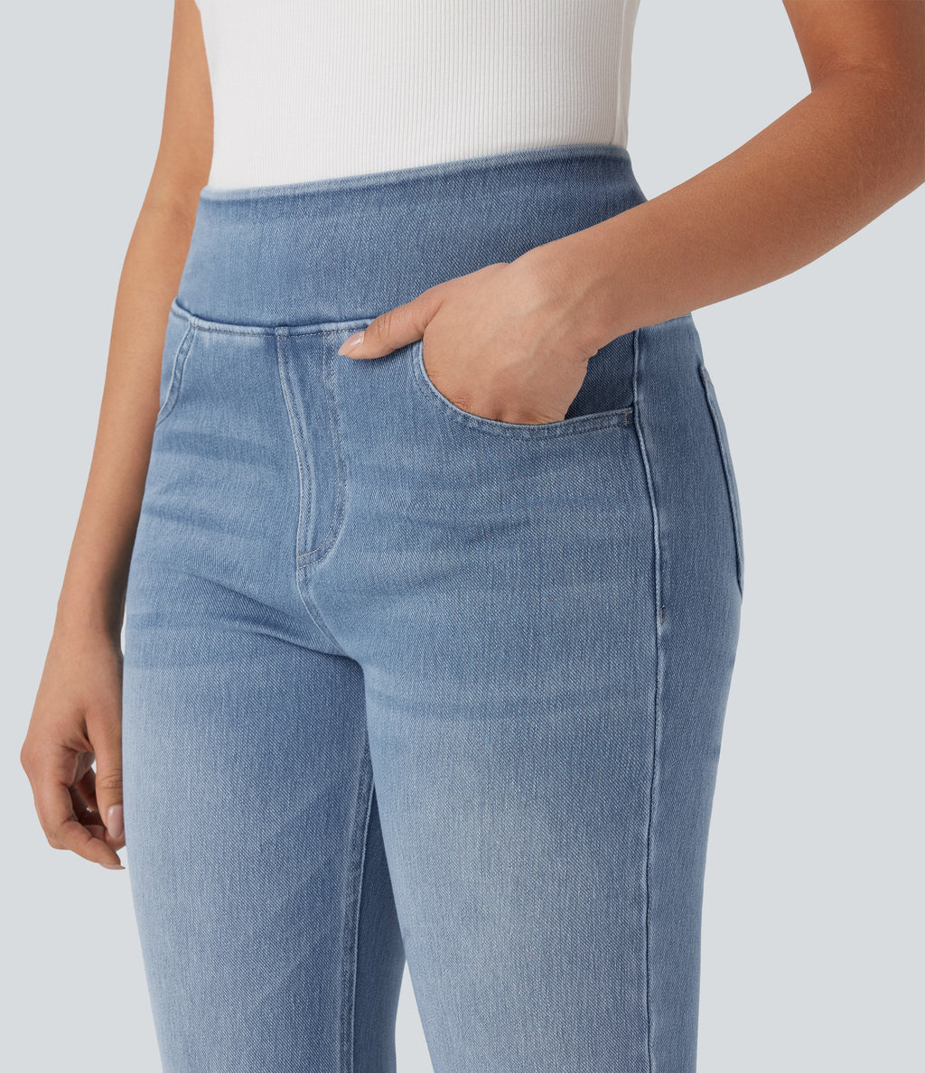 FlexTM High Waisted Tummy Control Washed Casual Bootcut Jeans with Pockets