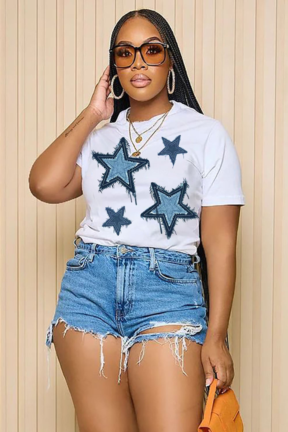 LORAGAL Star Patch Print Crew Neck Short Sleeve Casual T-Shirt-White