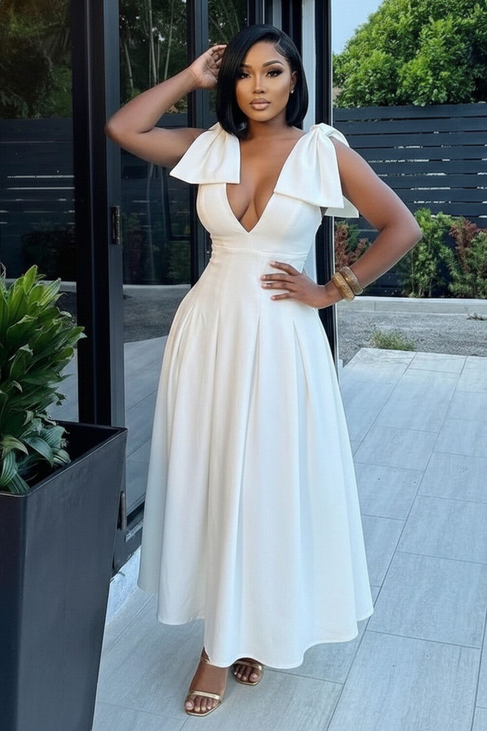 Deep V Neck Bow Cinch Waist Solid Color Cami Maxi Dresses-White