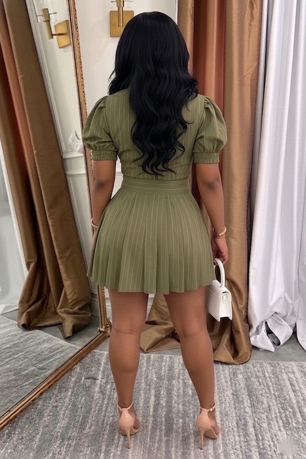 Turndown Collar Puff Sleeve A-Line Casual Mini Dresses-Green