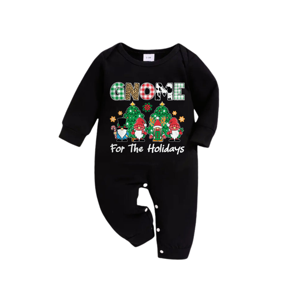 Christmas Family Matching Pajamas-Black Top and Green Plaid Pants Pjs Set with "Gnome For The Holidays" Print