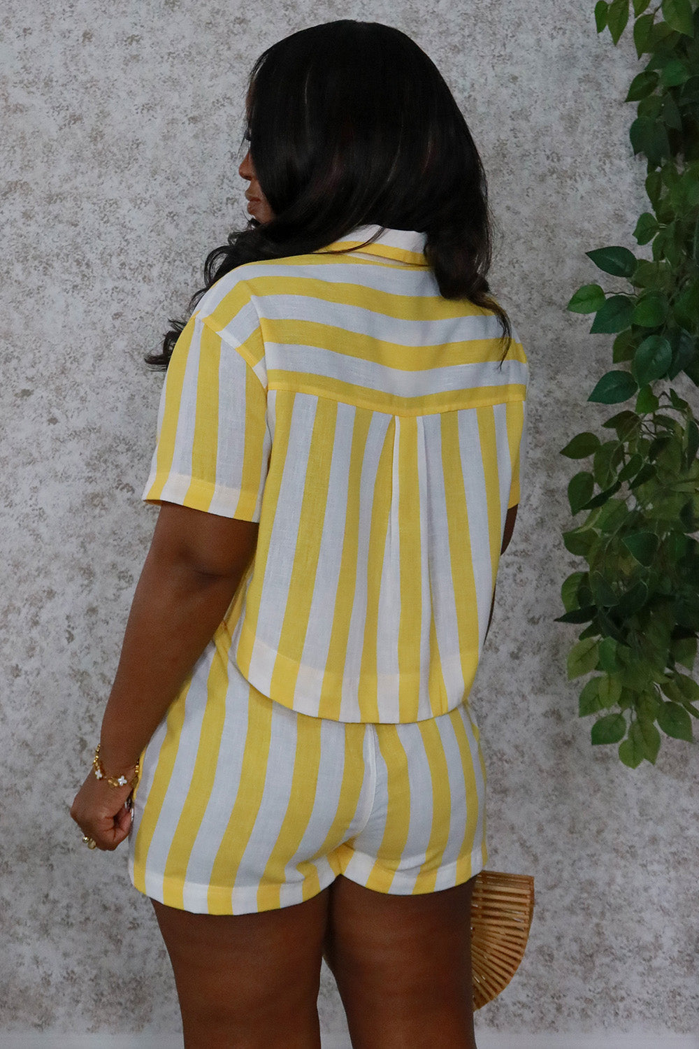 Striped Turndown Collar Short Sleeve Top Shorts 2pcs Set-Yellow