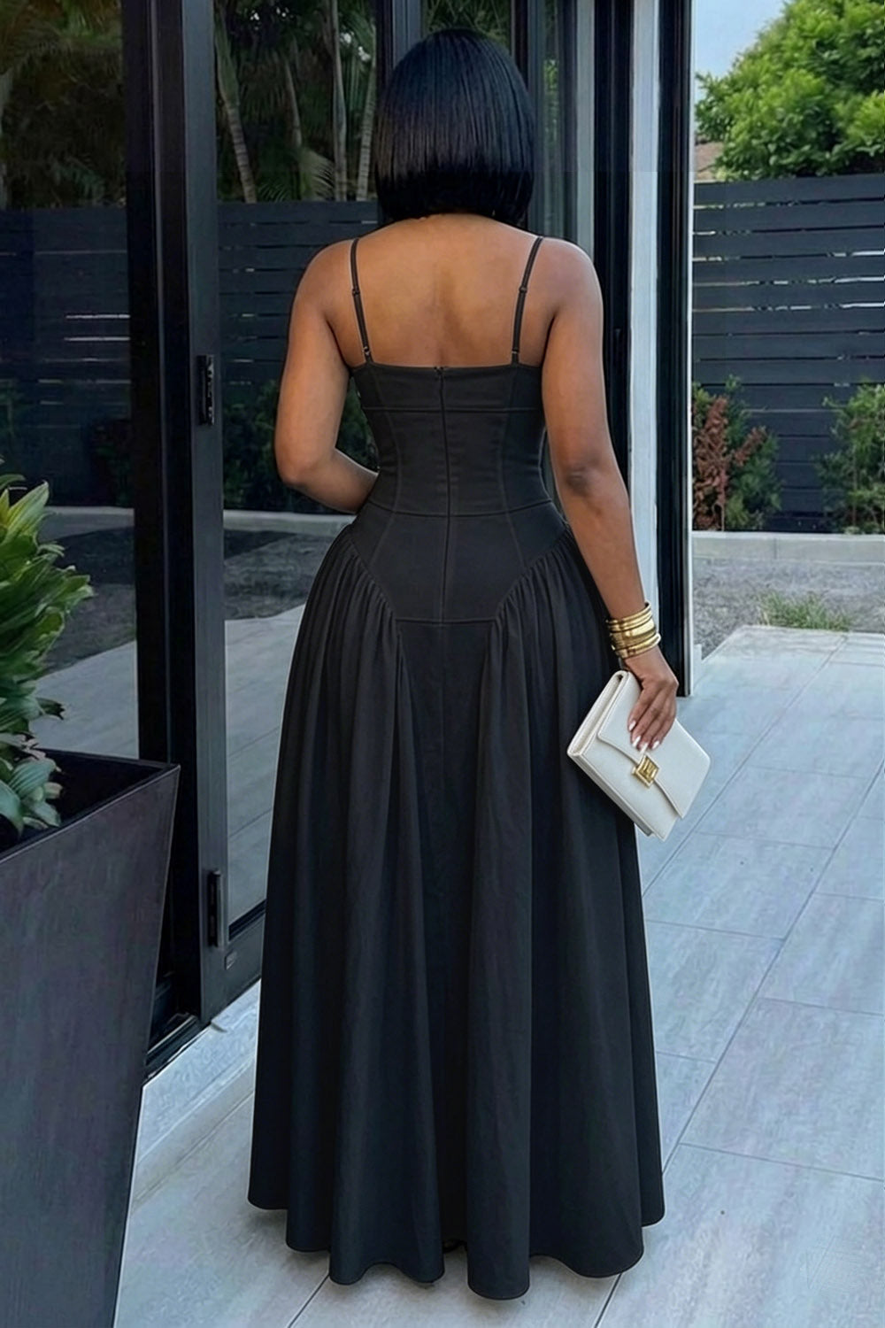 Spaghetti Strap Cinch Waist Solid Color Casual Maxi Dresses-White