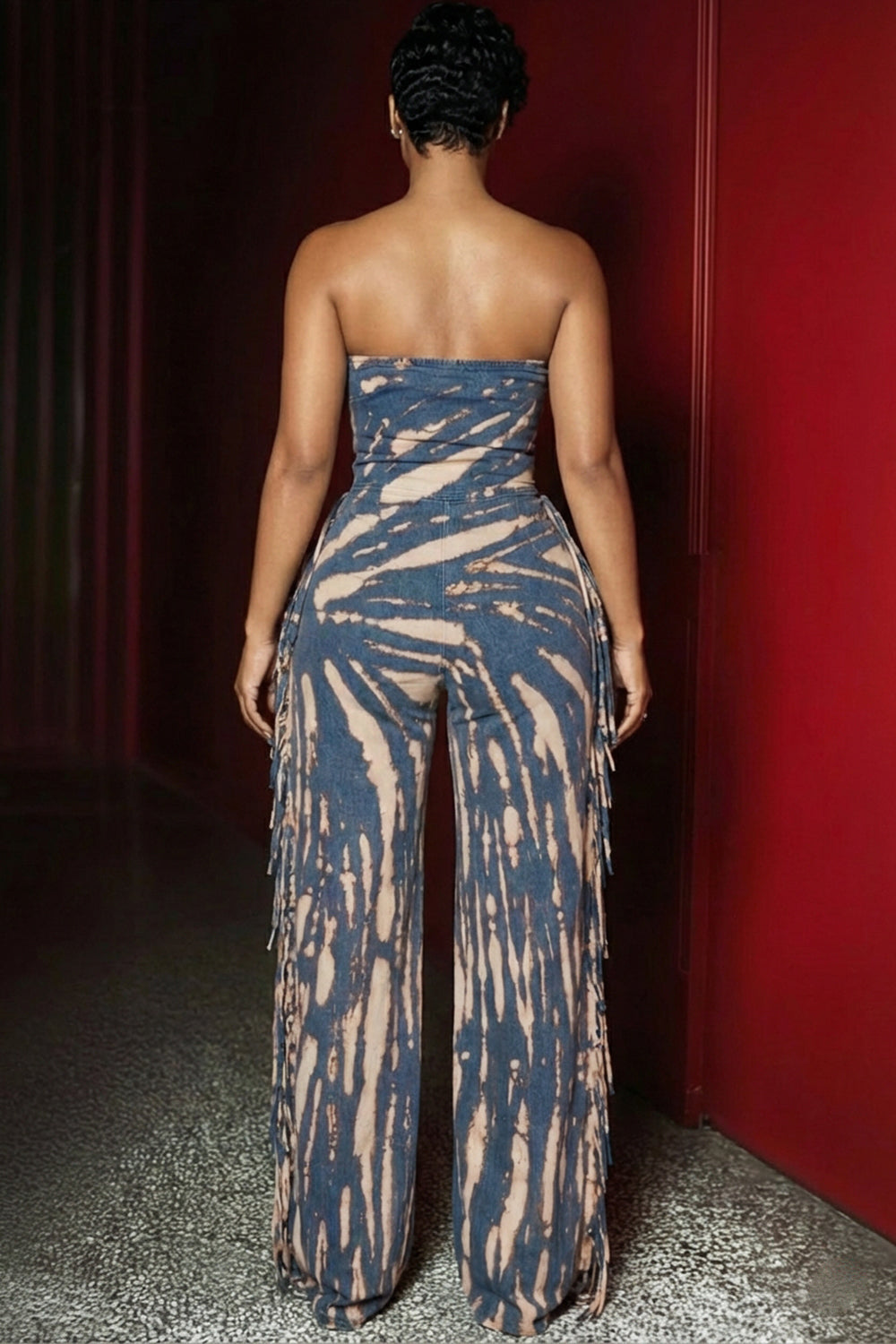 Strapless Cinch Waist Tassel Striped Wide Leg Jumpsuit-Blue