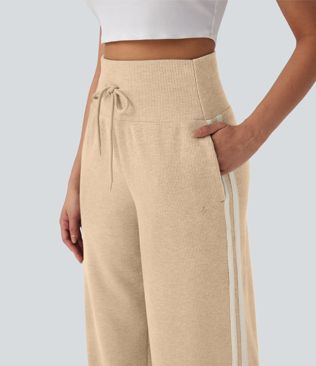 2026🔥 Ribbed SoCinched High Waisted Tummy Control Drawstring Wide Leg Color Block Casual Trousers with Pockets