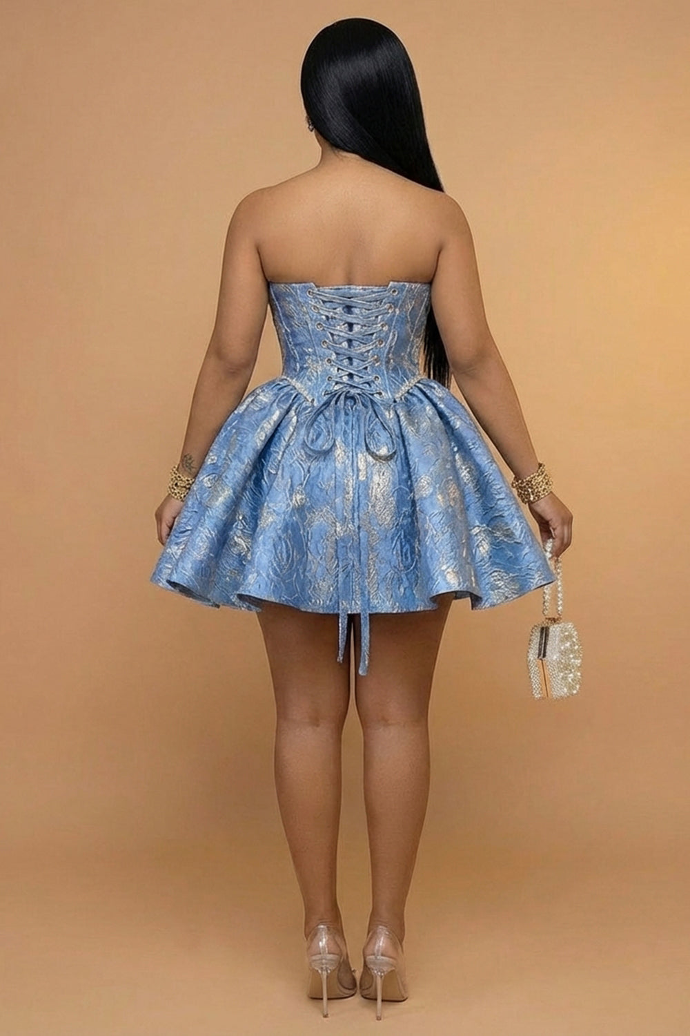 Strapless Sweetheart Neck Jacquard A-Line Gowns Mini Dresses-Blue