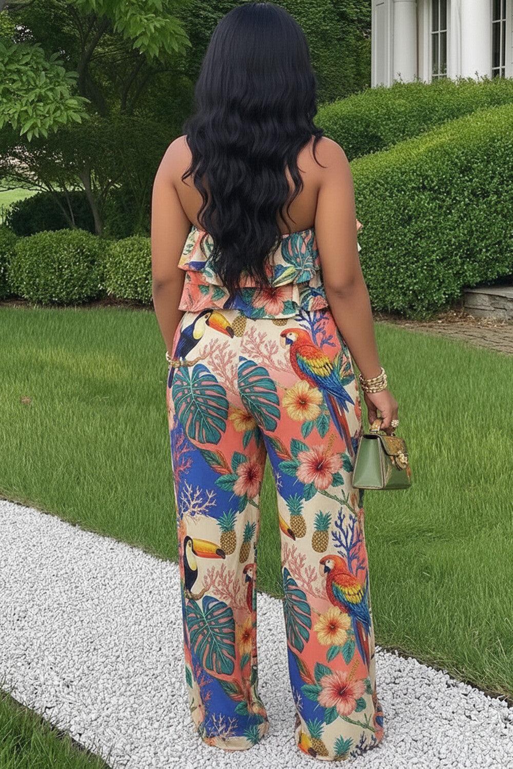 Floral Halter Ruffle Top Wide Leg Pants 2pcs Set-Multicolor