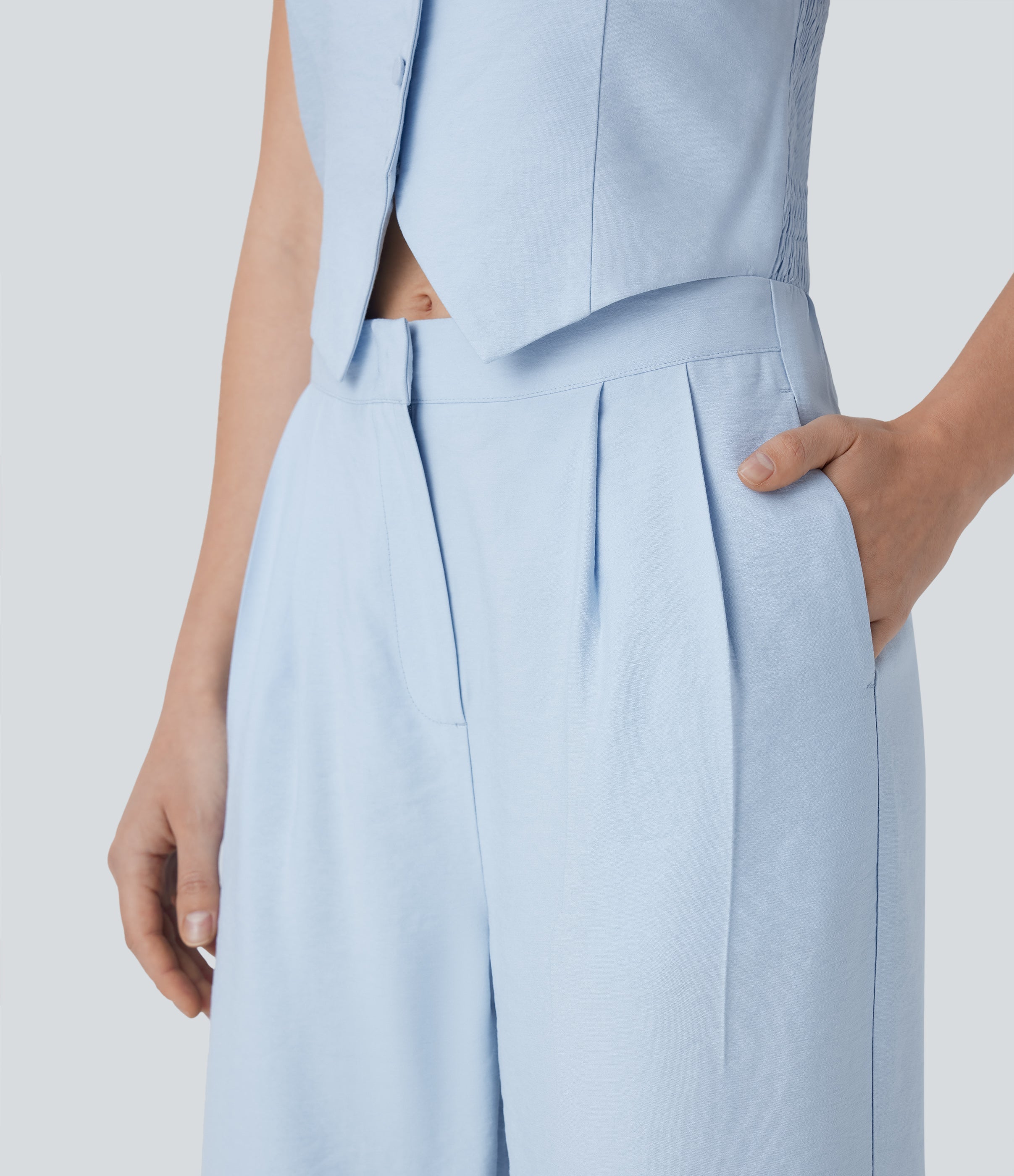 Halter Shirred Wide Leg Work Jumpsuit with Pockets