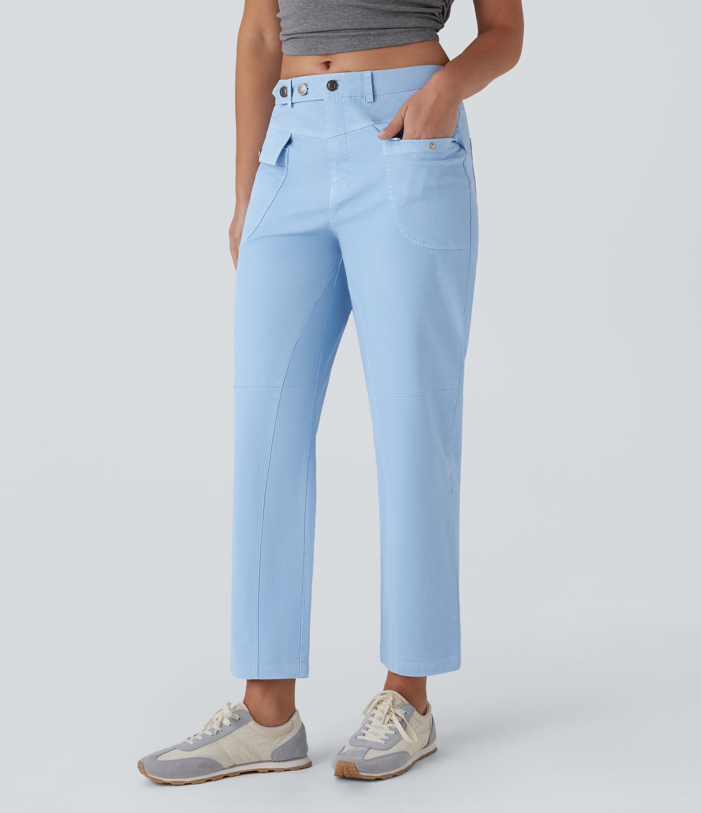 Mid Rise Straight Leg Cargo Casual Cotton Pants with Pockets