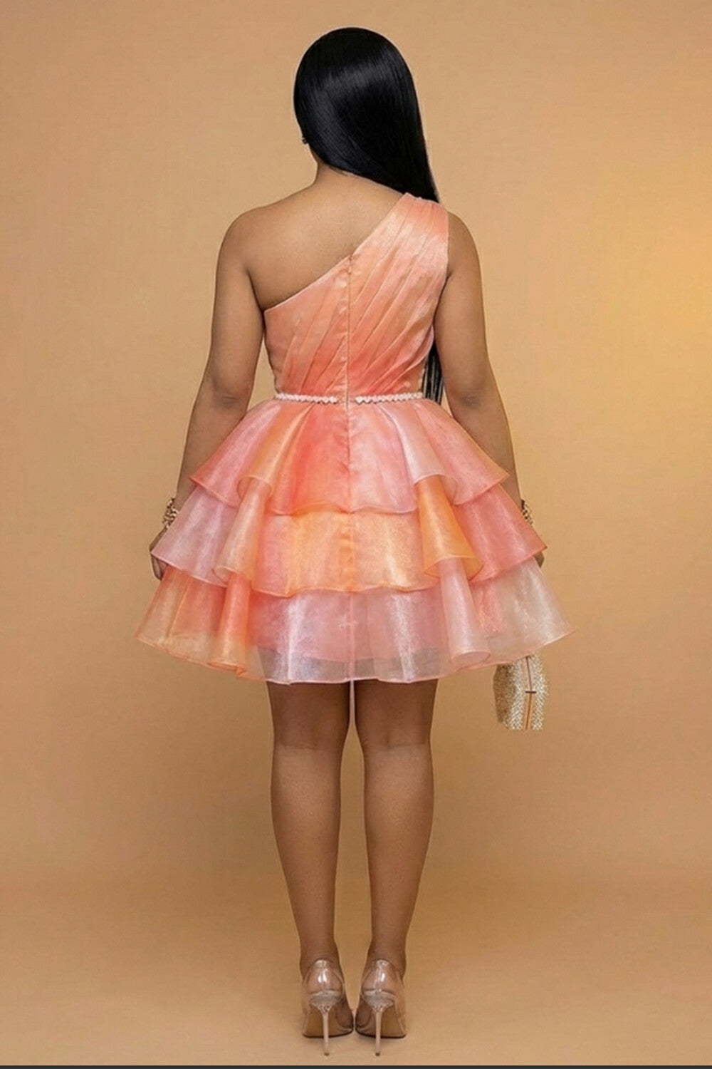 One Shoulder Sleeveless Ruffles A-Line Gowns Mini Dresses-Orange