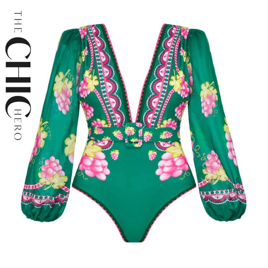 Green Grape Blossom Tropical Vineyard V-Neck Long Sleeves Swimsuit & Skirt