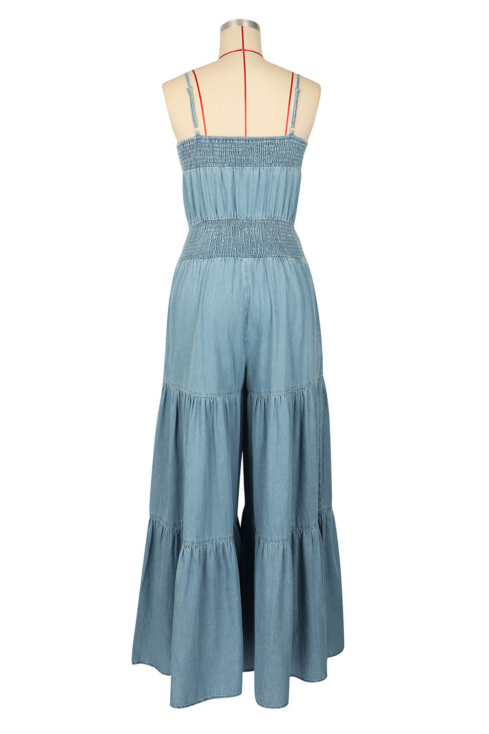 Convertible Strapless Cami Neck Denim Smocking Wide Leg Casual Jumpsuit-Blue