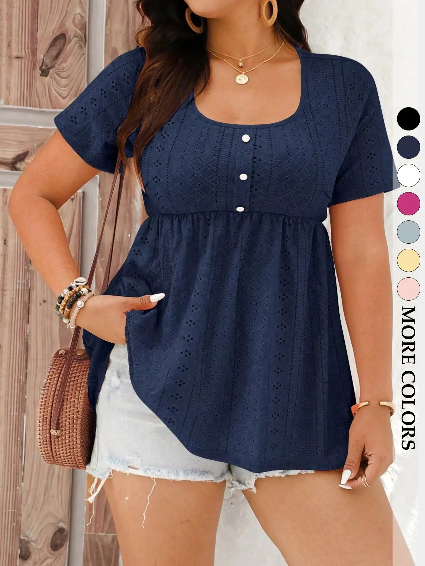 Women's Plus Size Babydoll Shirts Eyelet Peplum Top Short Sleeve Scoop Neck Pearl Button Casual Blouse Flowy Tummy Control Summer Boho Trendy