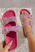 Glitter Colourful Rhinestone Double Buckles Round Toe Slippers-Fuchsia