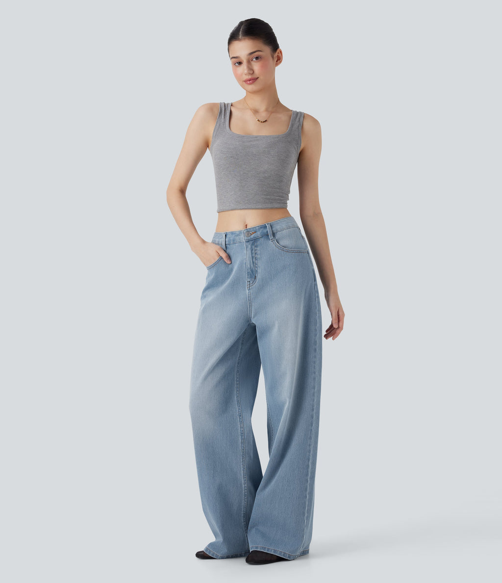 FlexTM Mid Rise Washed Casual Baggy Jeans with Pockets