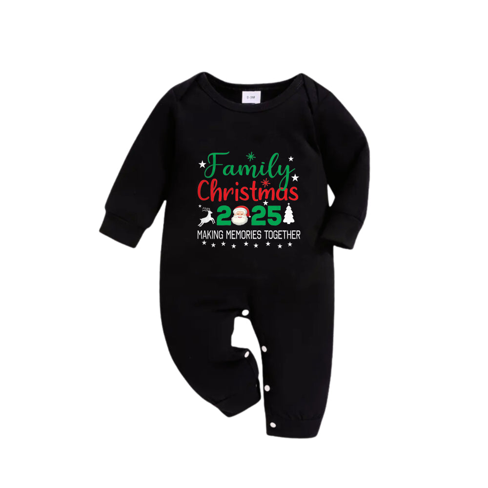 Christmas Family Matching Pajamas-Black Top and Green Plaid Pants Pjs Set with "Family Christmas 2025" and Santa Pattern Print