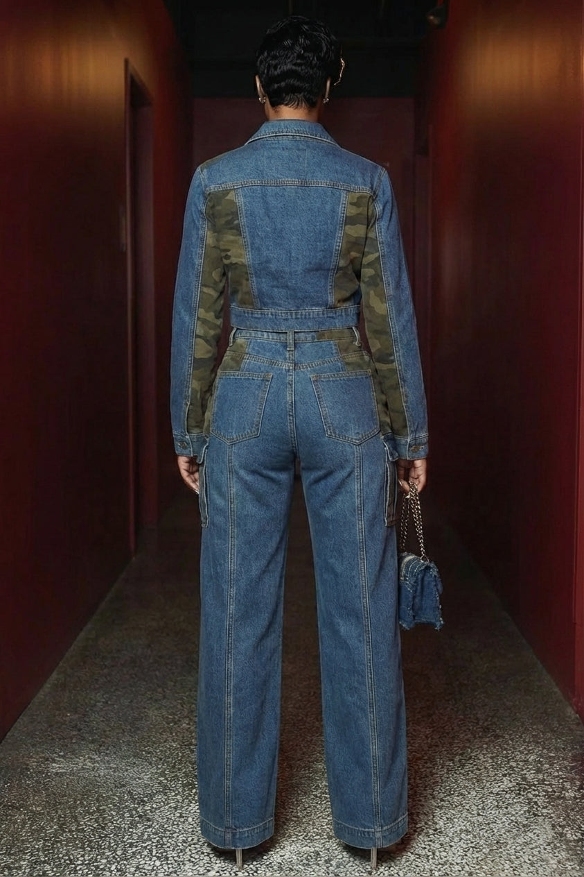 Patchwork Notch Lapel Collar Jacket Pants Denim 2pcs Set-Blue