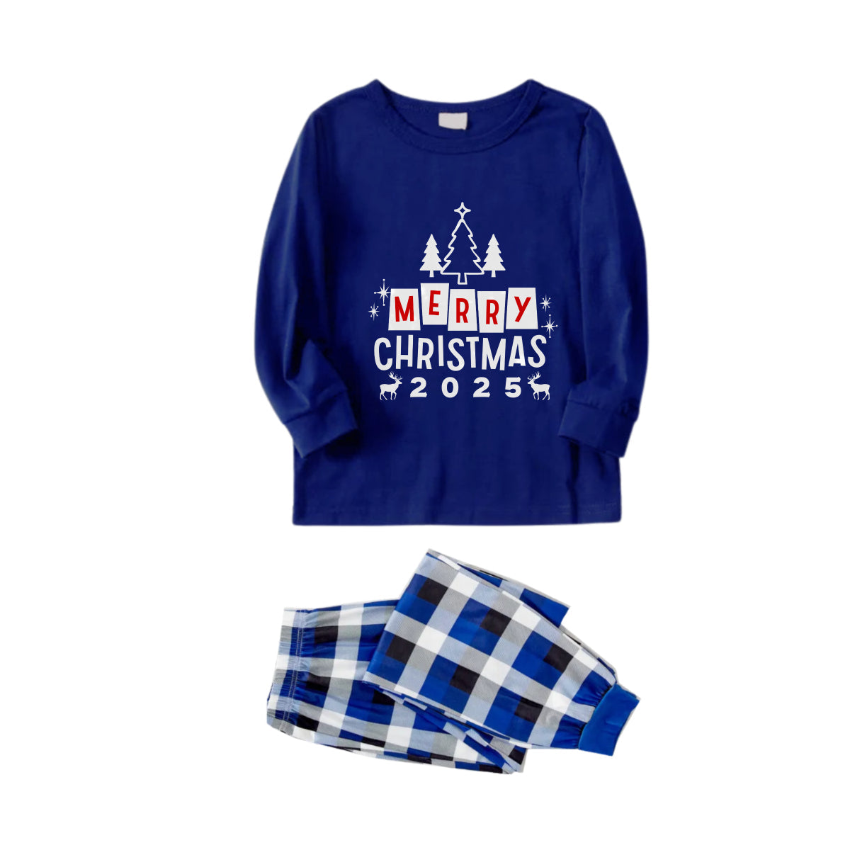Christmas Family Matching Pajamas-Navy & White Plaid Pjs Set with "Merry Christmas 2025" Print