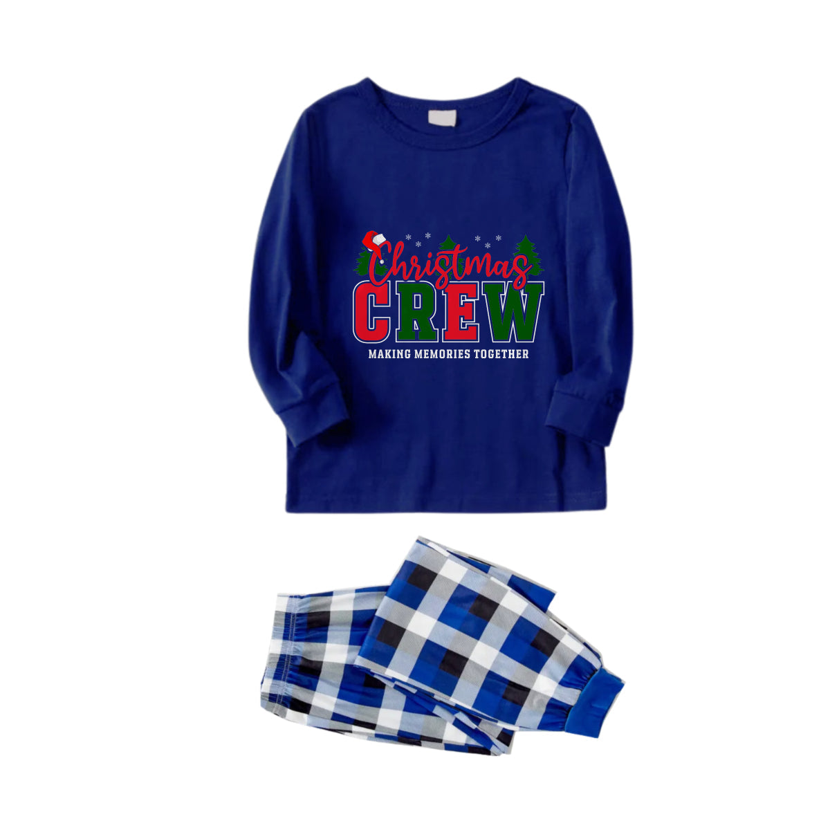 Christmas Family Matching Pajamas-Navy & White Plaid Pjs Set with "Christmas Crew Making Memories Together" Slogan Print