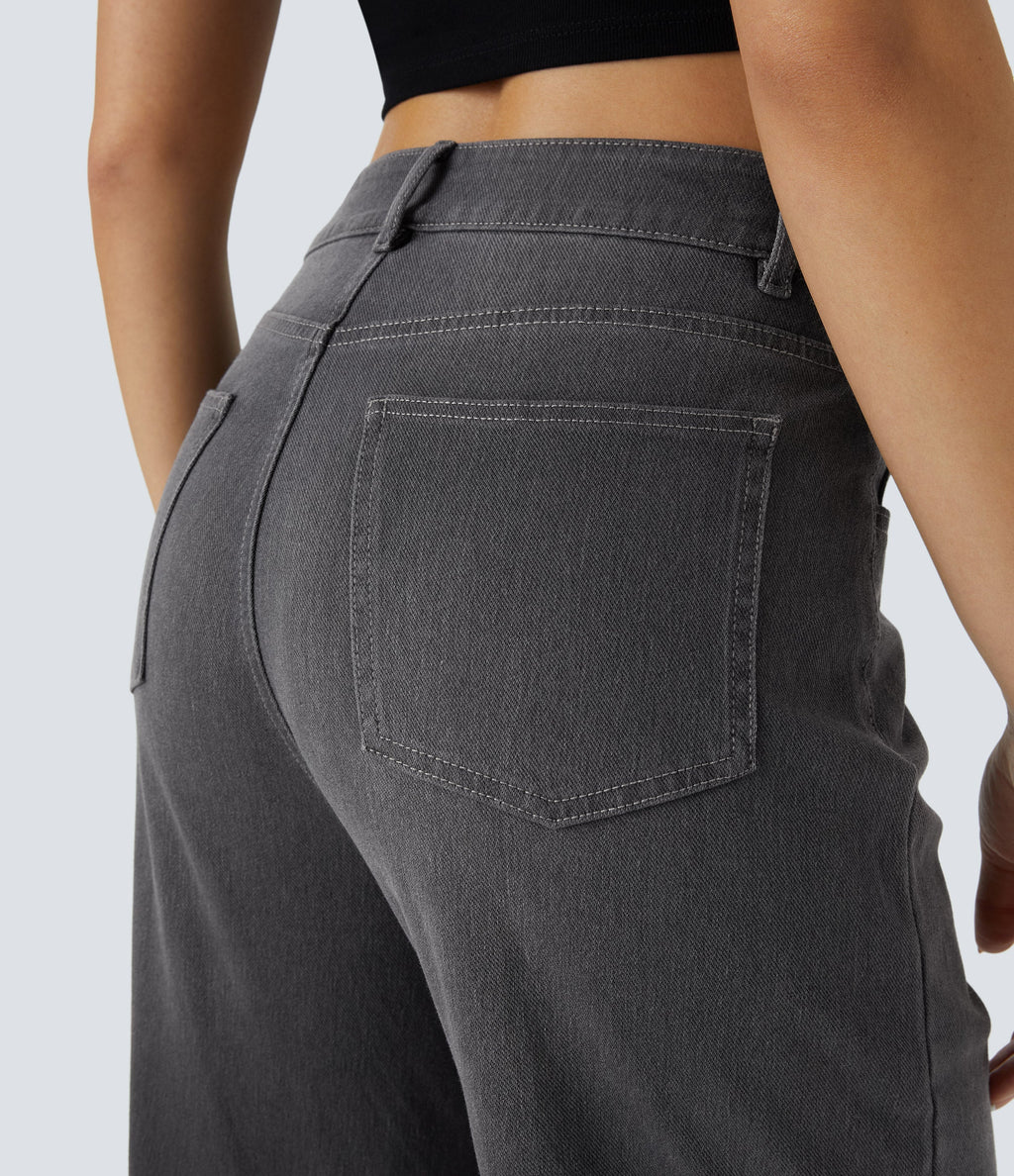 FlexTM High Waisted Multiple Pockets Rolled Hem Wide Leg Washed Stretchy Knit Casual Jeans