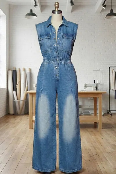 Sleeveless Button Front Cinch Waist Flare Leg Denim Jumpsuit-Blue