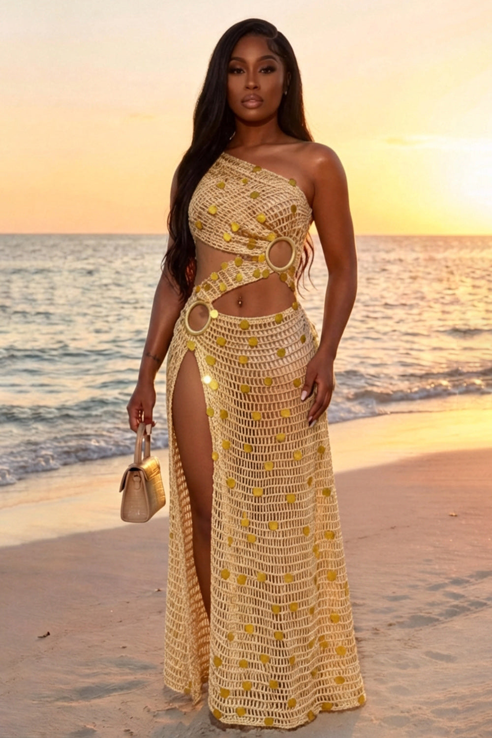 One Shoulder Cut Out Sequin Crochet Vacation Maxi Dresses-Brown