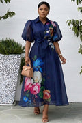 Turndown Collar Puff Sleeve Floral A-Line Mesh Maxi Dresses-Navy