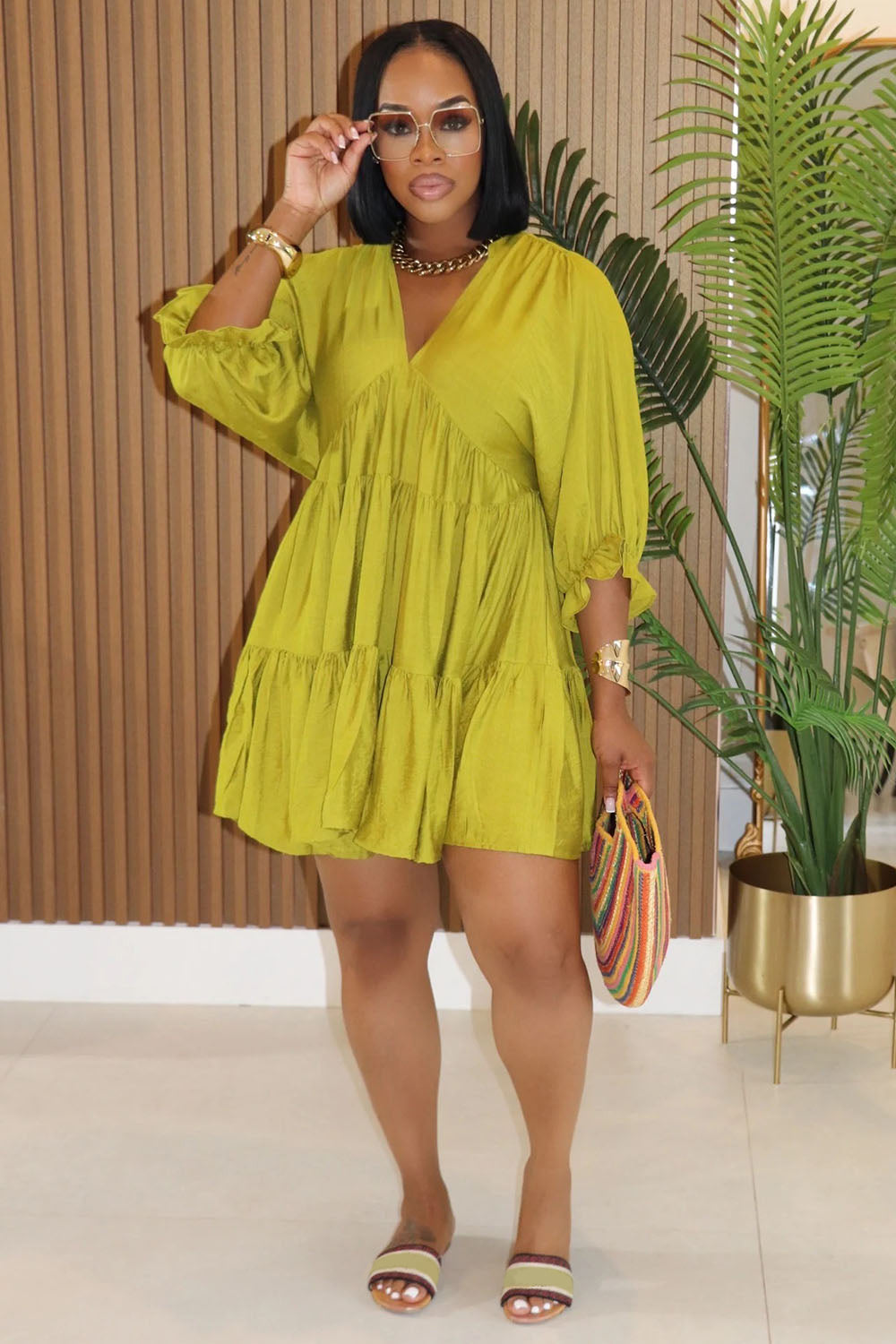 V Neck 3/4 Bell Sleeve Tiered Quilted Mini Swing Dresses-Green
