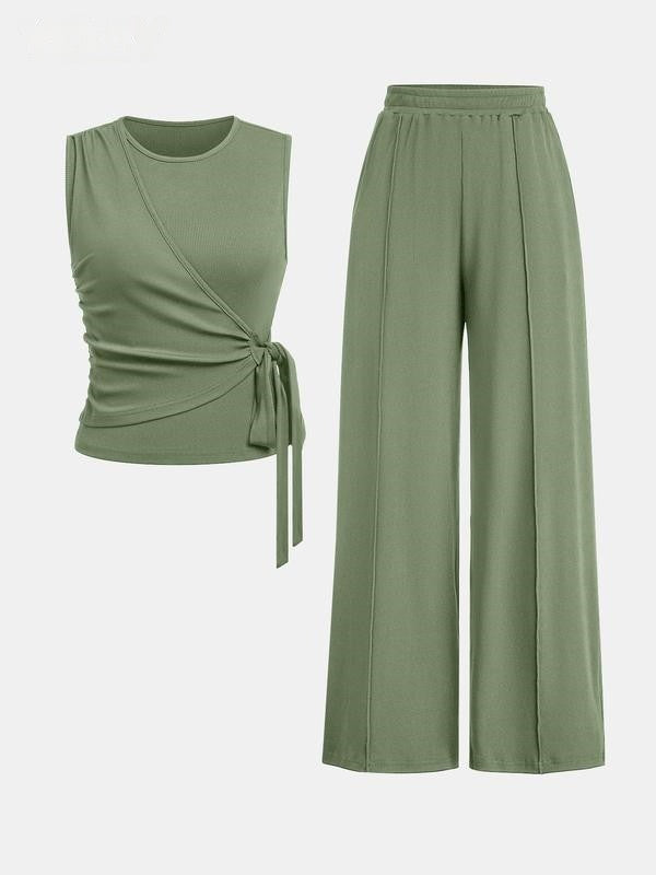 Women's Solid Knot Front Tank Top & Wide Leg Pants Set