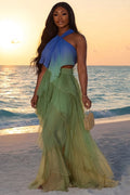 Halter Colorblock Top Ruffle Maxi Skirt Vacation 2pcs Set-Green