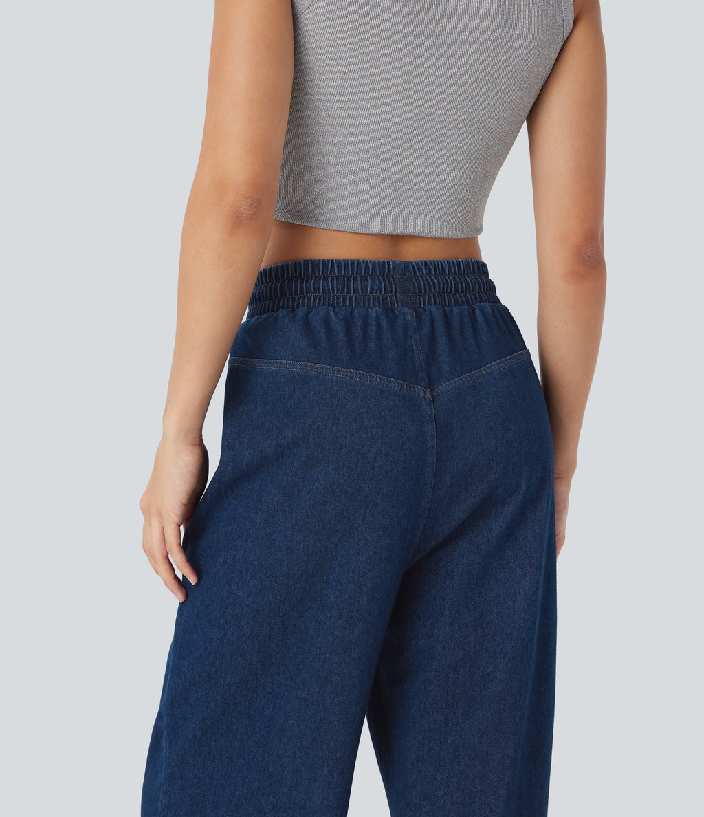 FlexTM High Waisted Drawstring Wide Leg Cool Touch Casual Jeans with Pockets
