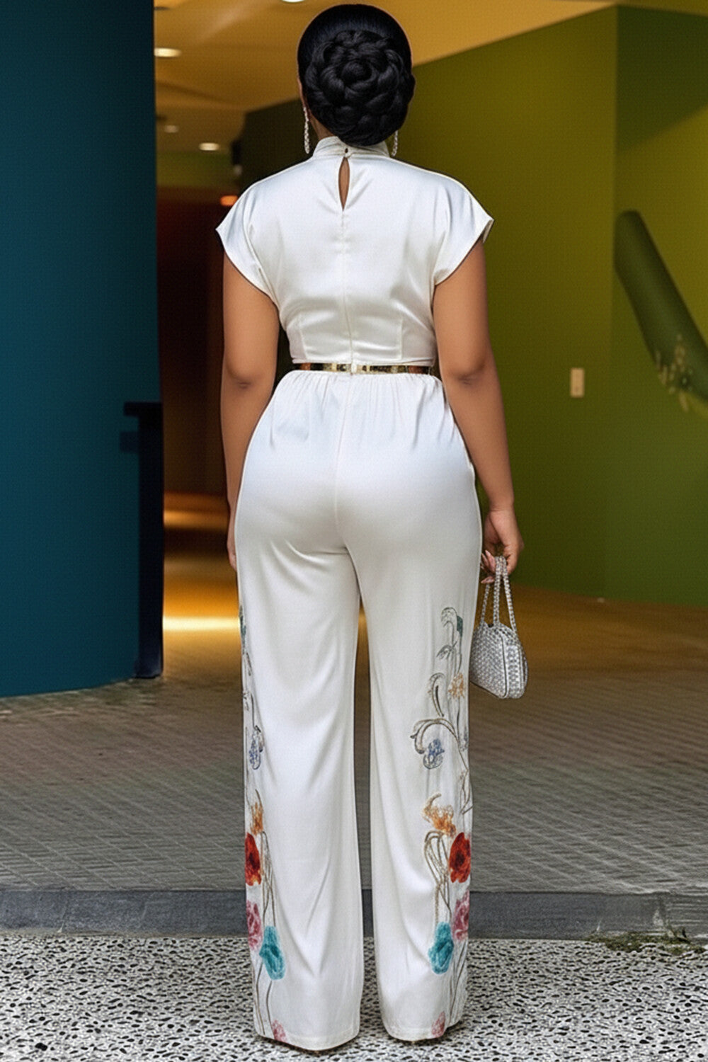 Mock Neck Cut Out Cinch Waist Ruched Wide Leg Jumpsuit-White