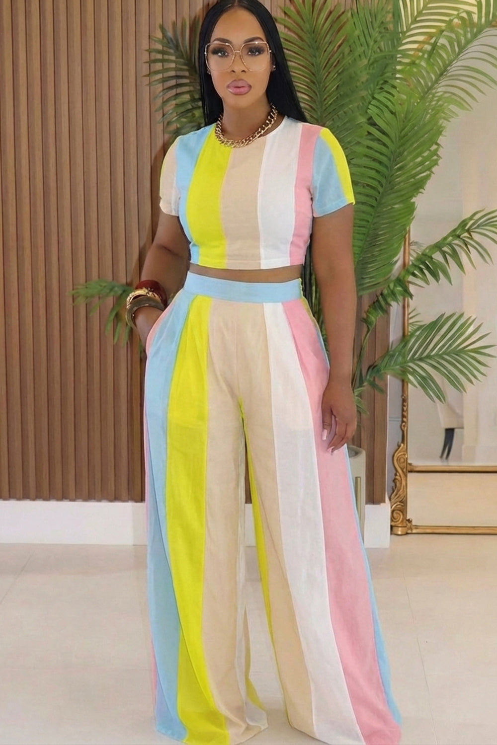 Round Neck Crop Top Wide Leg Pants Casual 2pcs Set-Multicolor