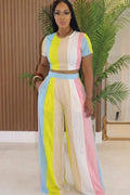 Round Neck Crop Top Wide Leg Pants Casual 2pcs Set-Multicolor