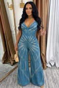 V Neck Cami Pattern Denim Cinched Quilted Wide Leg Jumpsuit-Blue