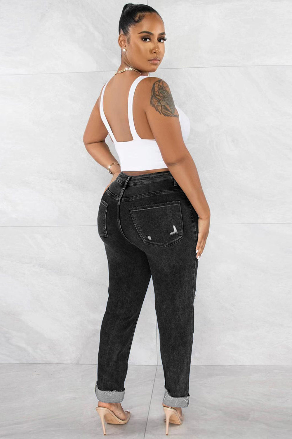 Denim High Waist Ripped Slim Fit Tapered Casual Cuffed Jeans-LightBlue